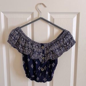 Over the shoulder navy crop top with brown buttons